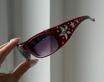 Gradient lenses red wrap sunglasses silver stars frame rave