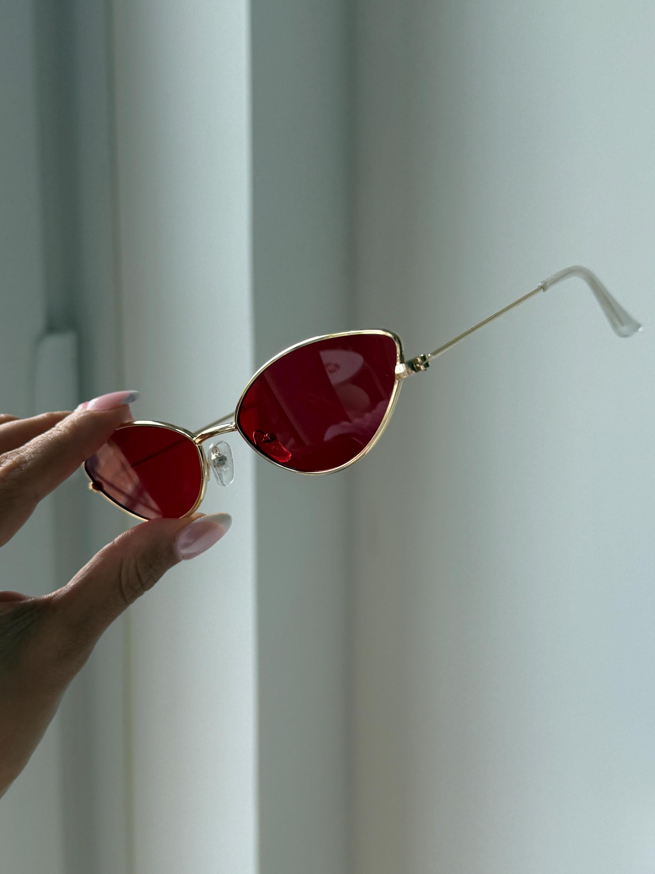 Red Tint Cat Eye Black Wire Frame Sunglasses - Etsy display picture 3