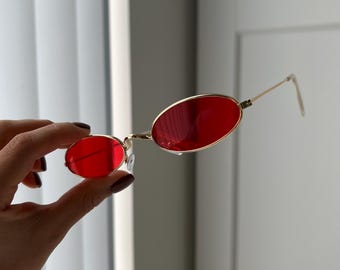 Red Tint lenses oval Golden Wire Frame Sunglasses