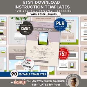 90 Etsy Download Instruction Template Bundle, Editable Canva Shop Tools For Digital Product Delivery & Thank You Page With PLR Resell Rights