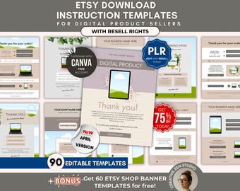 90 Etsy Download Instruction Template Bundle, Editable Canva Shop Tools For Digital Product Delivery & Thank You Page With PLR Resell Rights