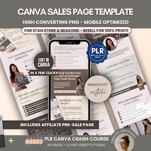 Puede incluir: Plantilla de página de ventas digital de Canva con el texto "CANVA SALES PAGE TEMPLATE". La imagen incluye una maqueta de teléfono inteligente, un libro y el texto "EDIT IN CANVA". El diseño es minimalista y estético.