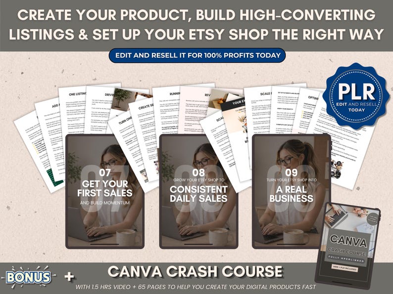 May include: Image promoting Etsy shop creation. It features a series of digital product mockups with titles like "Get Your First Sales" and "Consistent Daily Sales." The image also includes a "Canva Crash Course" and the text "Edit and Resell It for 100% Profits Today."