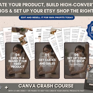 May include: Image promoting Etsy shop creation. It features a series of digital product guides with titles like "Create & Brand Your First Product" and "Set Up Your Etsy Shop." Includes a "Canva Crash Course" bonus and the text "Edit and Resell It for 100% Profits Today."
