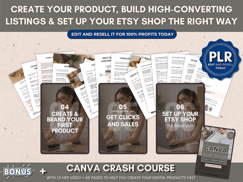 May include: Image promoting Etsy shop creation. It features a series of digital product guides with titles like "Create & Brand Your First Product" and "Set Up Your Etsy Shop." Includes a "Canva Crash Course" bonus and the text "Edit and Resell It for 100% Profits Today."