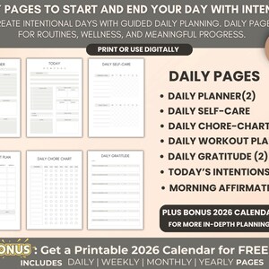 May include: A digital planner with daily pages for routines, wellness, and progress. Includes a daily planner, self-care, chore chart, workout plan, gratitude, intentions, and affirmations. Bonus 2026 calendar.