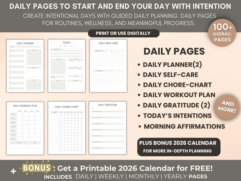 May include: A digital planner with daily pages for routines, wellness, and progress. Includes a daily planner, self-care, chore chart, workout plan, gratitude, intentions, and affirmations. Bonus 2026 calendar.