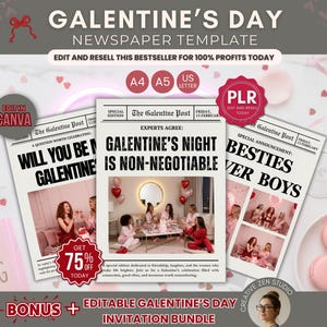 Editable Galentines Newspaper Template, PLR Galentine's Day Party Invitation Bundle, Editable Galentines Invitation with Resell Rights