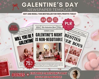 Editable Galentines Newspaper Template, PLR Galentine's Day Party Invitation Bundle, Editable Galentines Invitation with Resell Rights