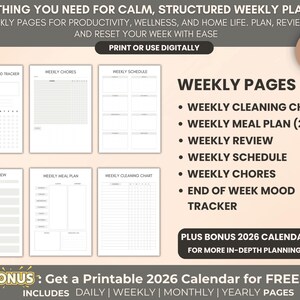 May include: A digital or printable weekly planner with pages for productivity, wellness, and home life. Includes a weekly cleaning chart, meal plan, review, schedule, chores, and mood tracker. The planner offers over 100 pages and a bonus 2026 calendar.