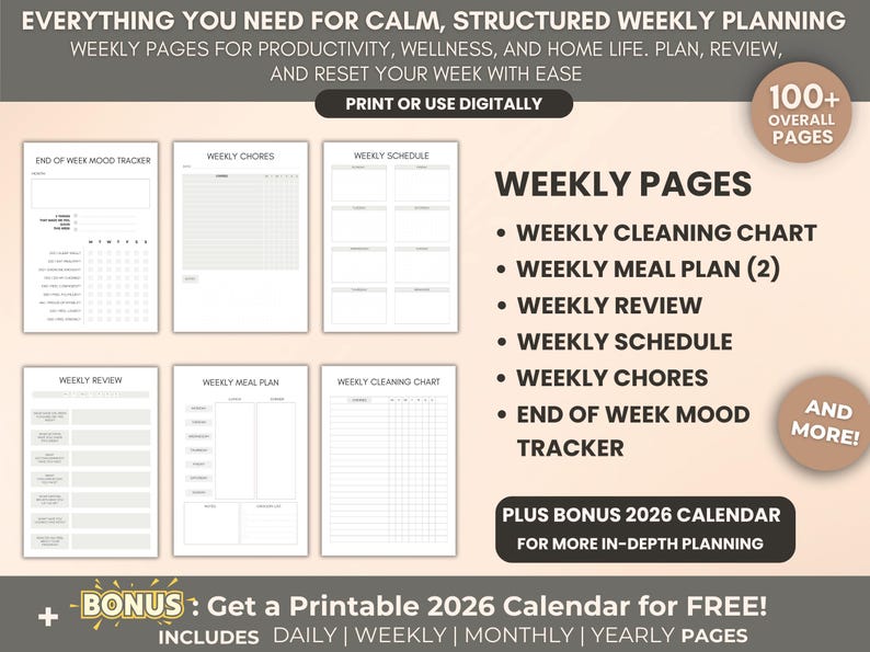 May include: A digital or printable weekly planner with pages for productivity, wellness, and home life. Includes a weekly cleaning chart, meal plan, review, schedule, chores, and mood tracker. The planner offers over 100 pages and a bonus 2026 calendar.