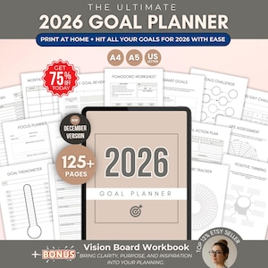 Op de afbeelding: Een digitale 2026 Goal Planner met een beige omslag, omringd door verschillende planningswerkbladen. De planner bevat secties voor maandelijkse doelen, focusplanning en een vision board werkboek. De afbeelding benadrukt ook een korting van 75%.
