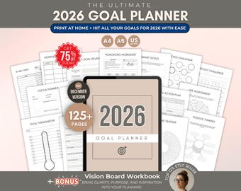 Printable Goal Planner, 2026 Goal Planner and Vision Board Workbook, Daily, Weekly, Monthly, Quarterly Printable Goals & Habit Tracker