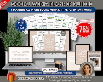Social Media Planner Bundle MRR/PLR, Editable Social Media Content Planner, Marketing Planner Template, DFY Canva Templates, Resell Planners