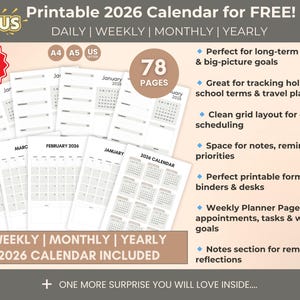 May include: Printable 2026 calendar with daily, weekly, monthly, and yearly layouts. The image shows several calendar pages with the text "2026 Calendar" and "78 Pages". Includes space for notes and reminders. The calendar is available in A4, A5, and US Letter sizes.