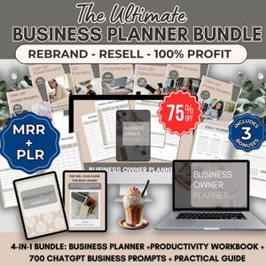 Może przedstawiać: Reklama pakietu planera biznesowego. Obraz zawiera laptopa, tablet i materiały drukowane. Tekst zawiera "The Ultimate Business Planner Bundle", "Rebrand - Resell - 100% Profit" i "75% Off". Pakiet zawiera planer biznesowy, zeszyt ćwiczeń produktywności i podpowiedzi.