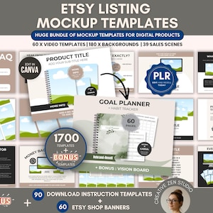 May include: An Etsy listing mockup template bundle for digital products. The image showcases various templates, including video templates, backgrounds, and sales scenes. The image includes the text "Edit in Canva", "Product Title", "Goal Planner", and "Bonus Templates".