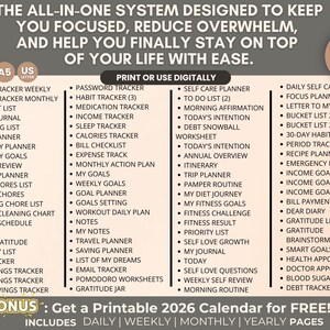 May include: A digital planner with a comprehensive system to manage life. Includes trackers for mood, goals, finances, and more. Features a 2026 calendar bonus. The text reads: "The all-in-one system designed to keep you focused..."