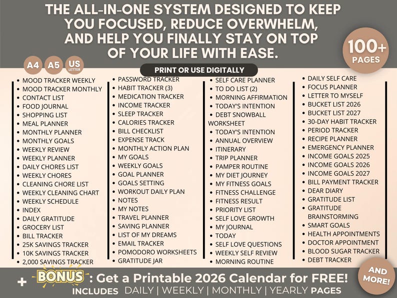May include: A digital planner with a comprehensive system to manage life. Includes trackers for mood, goals, finances, and more. Features a 2026 calendar bonus. The text reads: "The all-in-one system designed to keep you focused..."
