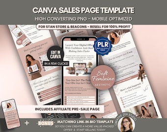 Canva Sales Page Template for Stan Store and Beacons with Resell Rights, PLR Editable Feminine Sales Page Template, DFY Soft Pink Sales Page