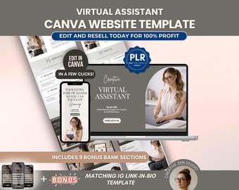 Virtual Assistant Canva Website Template PLR, Editable VA Website Design Template With Resell Rights, Bonus IG Link-in-Bio Template