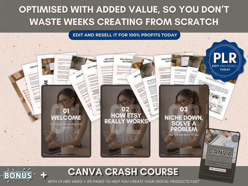 May include: Image of a digital product bundle with the text "Optimised with added value, so you don't waste weeks creating from scratch." The bundle includes guides on Etsy, a Canva crash course, and a PLR badge.