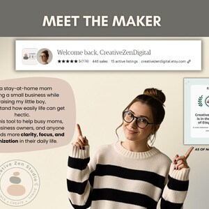May include: Image featuring a woman with glasses pointing at text about CreativeZenDigital, an Etsy shop. The text includes the shop's name, star rating, sales, and a statement about helping busy individuals with clarity, focus, and organization.