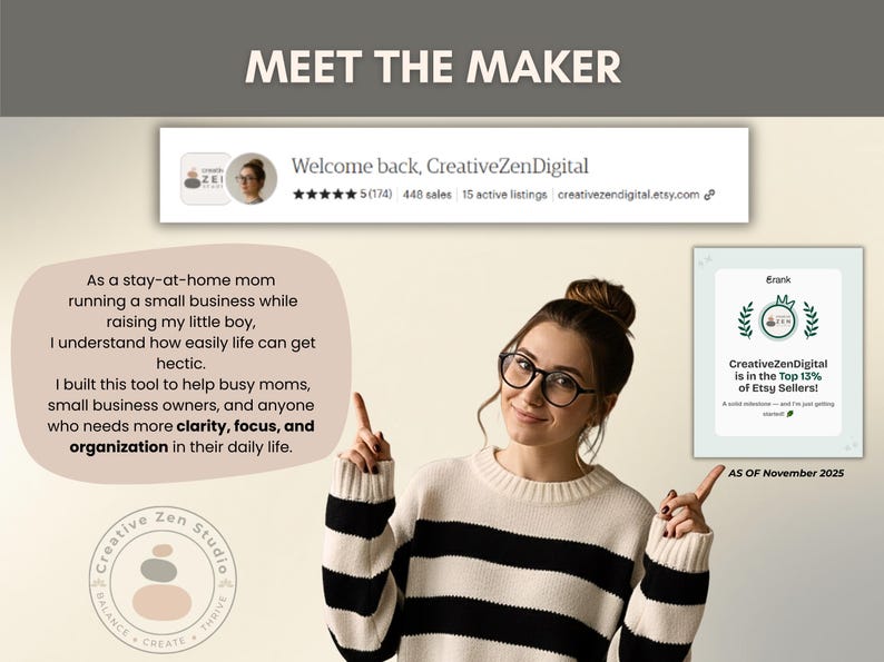 May include: Image featuring a woman with glasses pointing at text about CreativeZenDigital, an Etsy shop. The text includes the shop's name, star rating, sales, and a statement about helping busy individuals with clarity, focus, and organization.