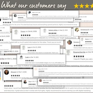 May include: A collage of customer reviews with star ratings and comments. The text "What our customers say" is at the top. A "Trusted Seller" badge is in the lower left corner. Reviews mention ease of use and helpful information.