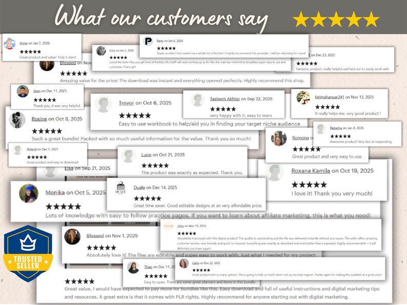 May include: A collage of customer reviews with star ratings and comments. The text "What our customers say" is at the top. A "Trusted Seller" badge is in the lower left corner. Reviews mention ease of use and helpful information.