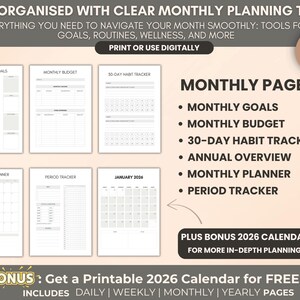 May include: A digital planner with monthly pages for goals, budget, habit tracking, and more. Includes a 2026 calendar. The planner is designed for print or digital use, with over 100 pages.