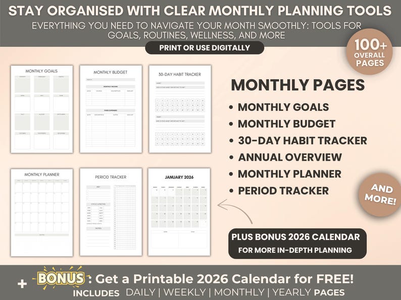 May include: A digital planner with monthly pages for goals, budget, habit tracking, and more. Includes a 2026 calendar. The planner is designed for print or digital use, with over 100 pages.