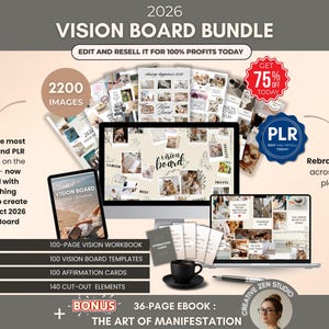 Vision Board Canva Templates Bundle PLR, 2026 Vision Board Kit Bearbeitbare Canva Vorlage, Arbeitsmappe & Affirmationskarte, PLR Manifestation Ebook