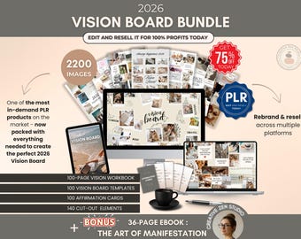 Vision Board Canva Templates Bundle PLR, 2026 Vision Board Kit Editable Canva Template, Workbook & Affirmation Card, PLR Manifestation Ebook
