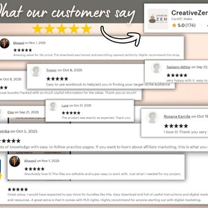 May include: Image showcasing customer reviews with star ratings and comments. The reviews are from various dates, with a trusted seller badge and the CreativeZenDigital logo. The reviews highlight positive experiences.