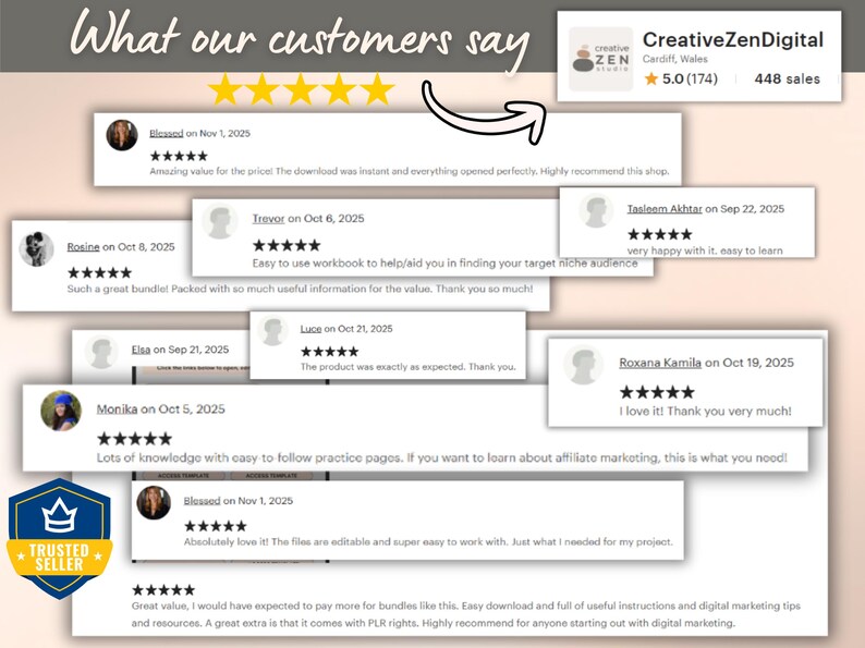 May include: Image showcasing customer reviews with star ratings and comments. The reviews are from various dates, with a trusted seller badge and the CreativeZenDigital logo. The reviews highlight positive experiences.