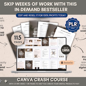 May include: A laptop displaying a digital product with the text "Edit and Resell it for 100% Profits Today." The image includes a "Bestseller" badge and a "PLR" badge. The product includes 115 pages and a Canva Crash Course.