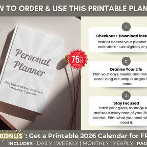 May include: A white "Personal Planner" book with a sunburst design on the cover. The text reads "Stay organized and in control in every area of your life." The image also includes instructions on how to order and use the planner.