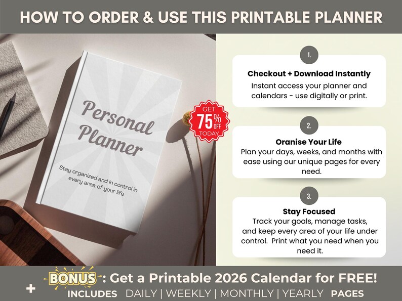 May include: A white "Personal Planner" book with a sunburst design on the cover. The text reads "Stay organized and in control in every area of your life." The image also includes instructions on how to order and use the planner.