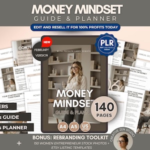 May include: An advertisement for a digital "Money Mindset Guide & Planner." The image shows a woman with glasses and a laptop, plus various pages with text. The product includes 30 covers, a 60-page guide, and a 50-page planner. It also includes a bonus rebranding toolkit.