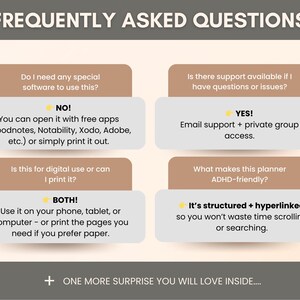 May include: A digital planner FAQ graphic with text on a light beige background. Questions include software compatibility, digital use, and support availability. Answers are in a mix of text and bullet points, with the phrase "ONE MORE SURPRISE YOU WILL LOVE INSIDE...." at the bottom.