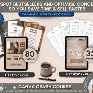 May include: An image promoting digital products for Etsy sellers. It features two tablets displaying guides, one with 80 pages and the other with 35 pages. The text includes "Etsy Shop Guide" and "Canva Crash Course". A coffee cup and pen are also visible.
