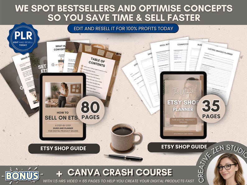 May include: An image promoting digital products for Etsy sellers. It features two tablets displaying guides, one with 80 pages and the other with 35 pages. The text includes "Etsy Shop Guide" and "Canva Crash Course". A coffee cup and pen are also visible.