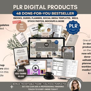 PLR Digital Product Bundle, 48 Editable Canva Templates, DFY Ebooks & Planners, Social Media Content Kit, Etsy Mockups, Resell Rights