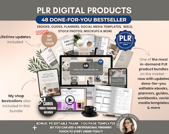 PLR Digital Product Bundle, 48 Editable Canva Templates, DFY Ebooks & Planners, Social Media Content Kit, Etsy Mockups, Resell Rights