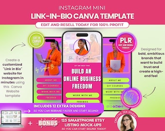 Instagram Link in Bio Canva Template with Resell Rights, Editable PLR Canva Website Template for Instagram, Neon Branding Quick Links Page