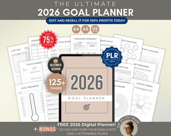 2026 Goal Planner PLR, Printable Monthly Weekly Productivity Planner Bundle, Printable Editable Planner with Resell Rights, PLR Goal Planner