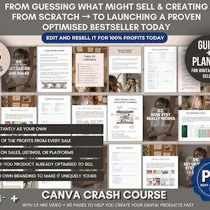 May include: A digital product guide and planner for digital product sellers. The image includes the text "From guessing what might sell & creating from scratch to launching a proven optimised bestseller today". The guide has 115 pages and includes a Canva crash course.