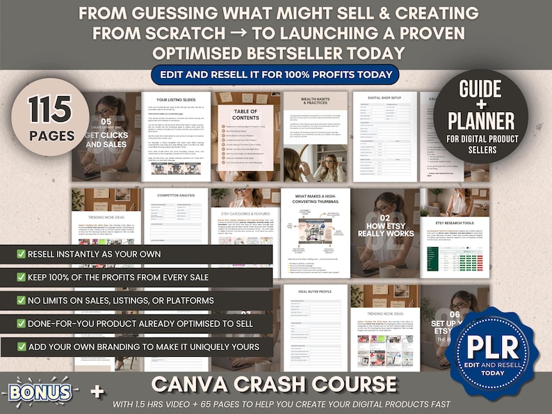 May include: A digital product guide and planner for digital product sellers. The image includes the text "From guessing what might sell & creating from scratch to launching a proven optimised bestseller today". The guide has 115 pages and includes a Canva crash course.
