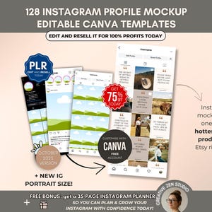 128 Instagram Profile Mockup Templates, Editable Canva Social Media Branding Kit, Instagram Grid Reels Posts Stories PLR, IG PLR Template